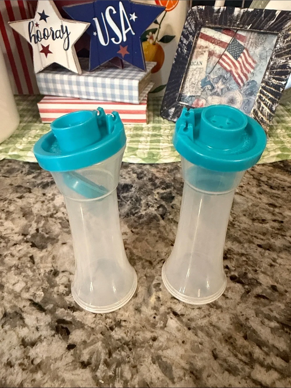 New Mini Tupperware Clear Salt and Pepper Shakers with Teal Lids
